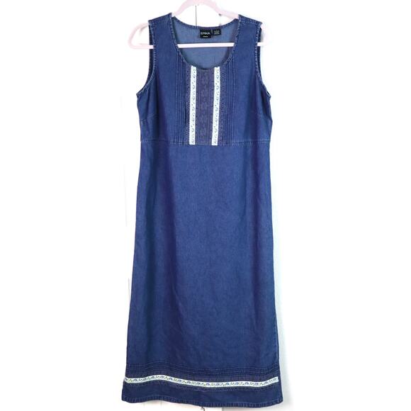 ERIKA Vintage 90s Denim Jumper Dress Sleeveless Midi Maxi Cotton Large Jean Lace - Picture 1 of 7